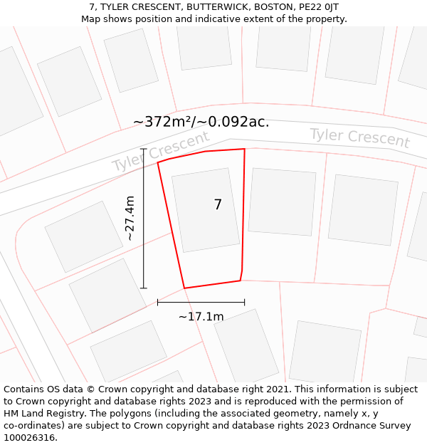 7, TYLER CRESCENT, BUTTERWICK, BOSTON, PE22 0JT: Plot and title map