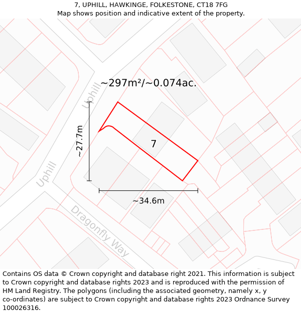 7, UPHILL, HAWKINGE, FOLKESTONE, CT18 7FG: Plot and title map