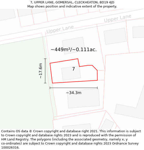 7, UPPER LANE, GOMERSAL, CLECKHEATON, BD19 4JD: Plot and title map