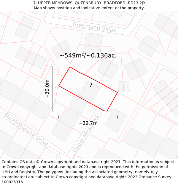 7, UPPER MEADOWS, QUEENSBURY, BRADFORD, BD13 2JY: Plot and title map