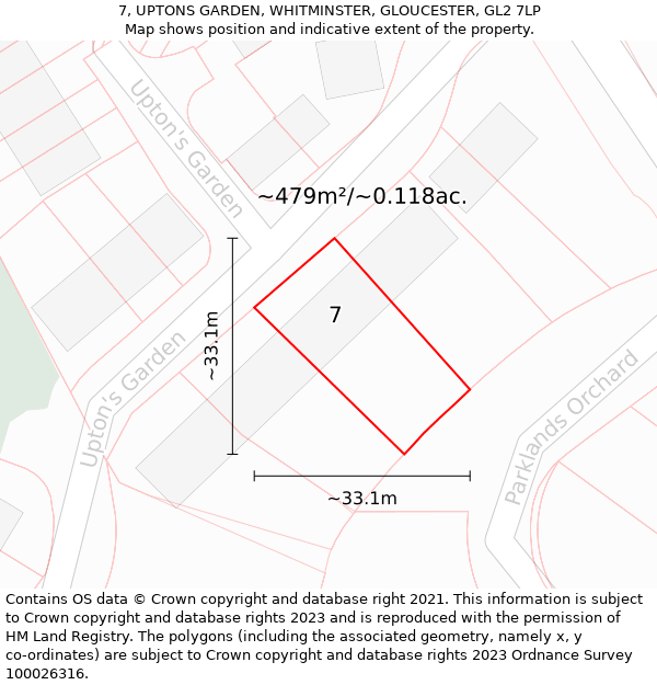 7, UPTONS GARDEN, WHITMINSTER, GLOUCESTER, GL2 7LP: Plot and title map