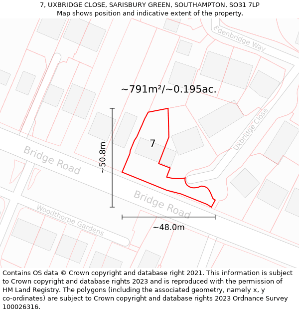 7, UXBRIDGE CLOSE, SARISBURY GREEN, SOUTHAMPTON, SO31 7LP: Plot and title map