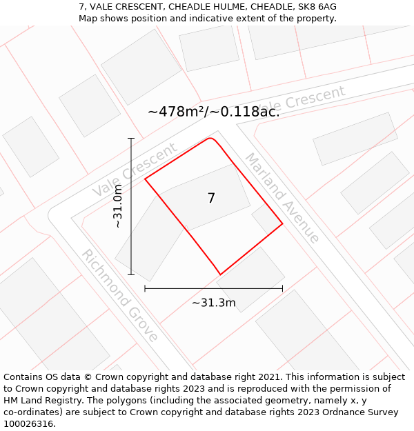 7, VALE CRESCENT, CHEADLE HULME, CHEADLE, SK8 6AG: Plot and title map