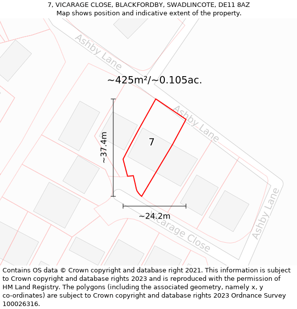 7, VICARAGE CLOSE, BLACKFORDBY, SWADLINCOTE, DE11 8AZ: Plot and title map