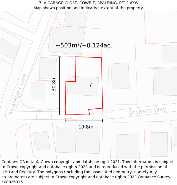 7, VICARAGE CLOSE, COWBIT, SPALDING, PE12 6XW: Plot and title map