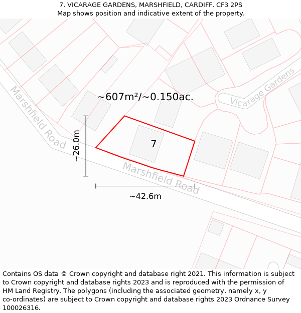 7, VICARAGE GARDENS, MARSHFIELD, CARDIFF, CF3 2PS: Plot and title map