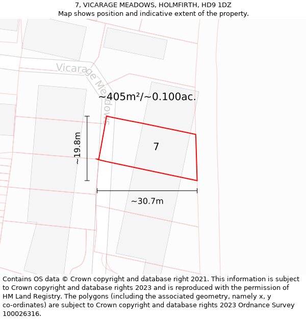 7, VICARAGE MEADOWS, HOLMFIRTH, HD9 1DZ: Plot and title map