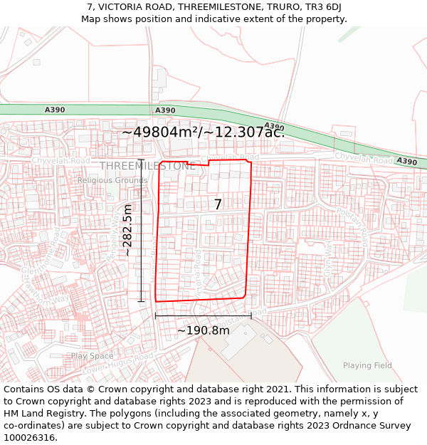 7, VICTORIA ROAD, THREEMILESTONE, TRURO, TR3 6DJ: Plot and title map