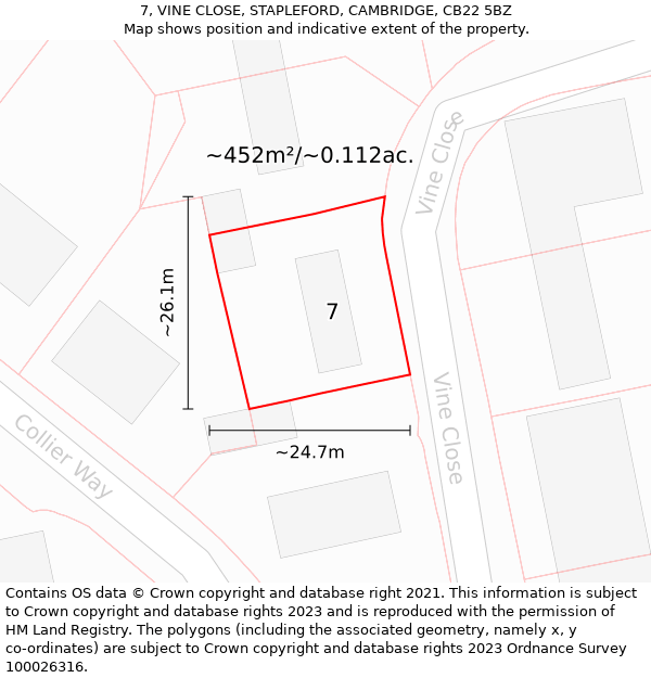 7, VINE CLOSE, STAPLEFORD, CAMBRIDGE, CB22 5BZ: Plot and title map