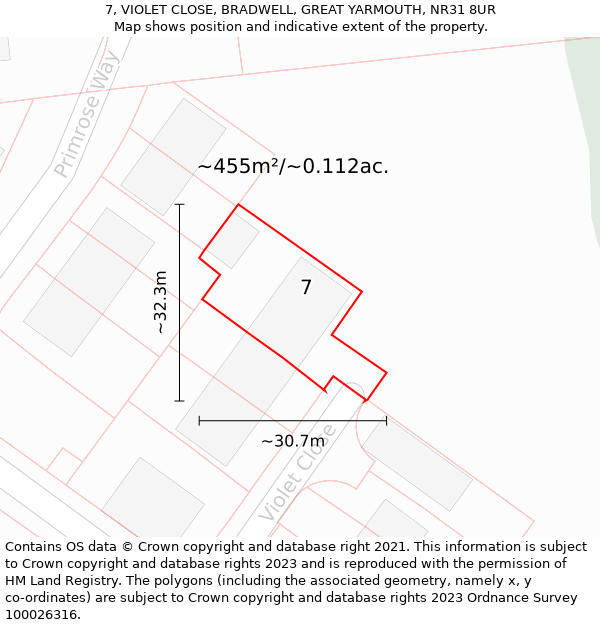 7, VIOLET CLOSE, BRADWELL, GREAT YARMOUTH, NR31 8UR: Plot and title map