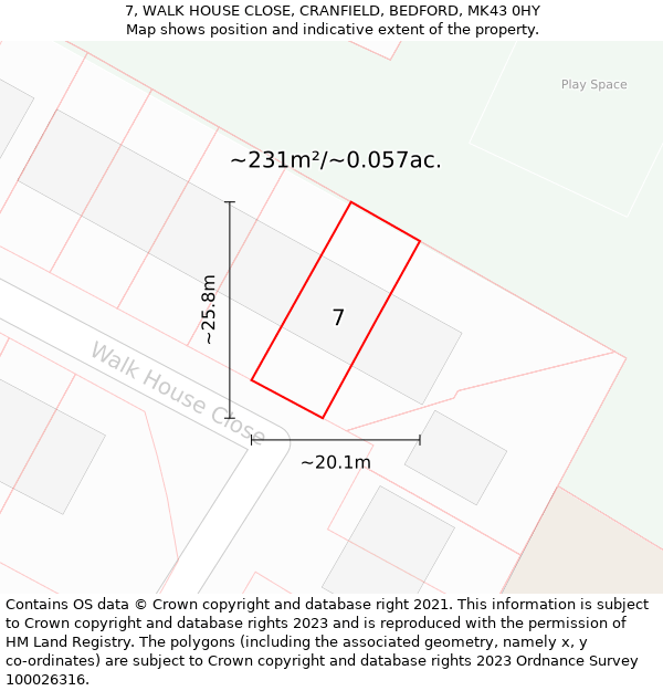 7, WALK HOUSE CLOSE, CRANFIELD, BEDFORD, MK43 0HY: Plot and title map