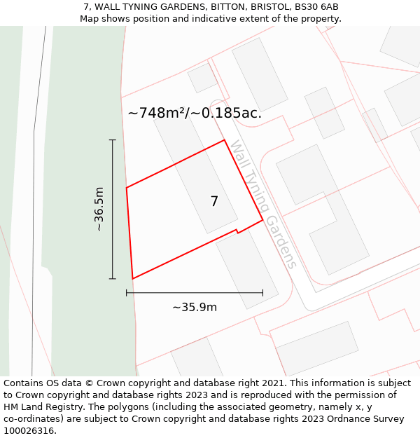 7, WALL TYNING GARDENS, BITTON, BRISTOL, BS30 6AB: Plot and title map