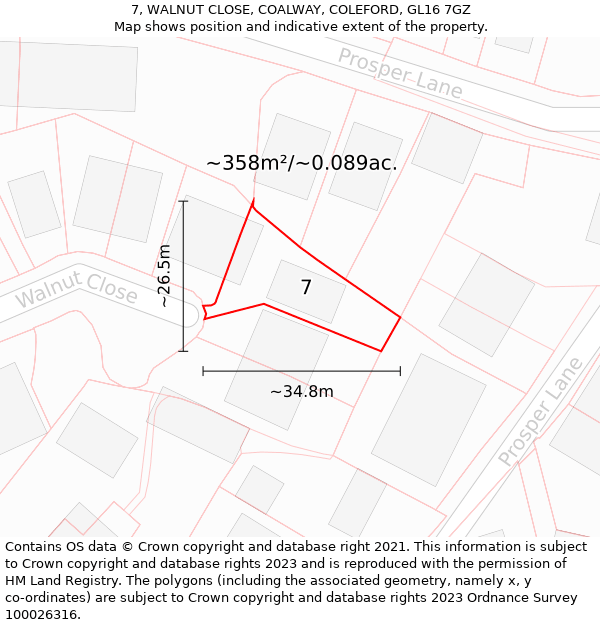 7, WALNUT CLOSE, COALWAY, COLEFORD, GL16 7GZ: Plot and title map