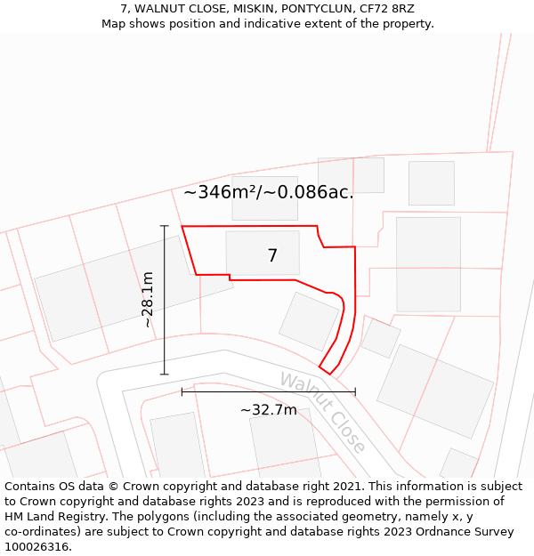 7, WALNUT CLOSE, MISKIN, PONTYCLUN, CF72 8RZ: Plot and title map