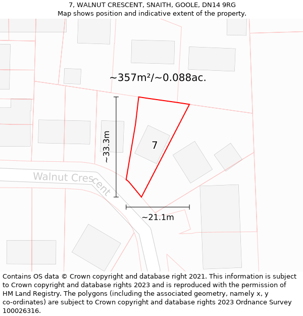 7, WALNUT CRESCENT, SNAITH, GOOLE, DN14 9RG: Plot and title map