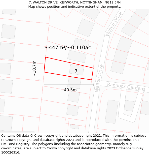 7, WALTON DRIVE, KEYWORTH, NOTTINGHAM, NG12 5FN: Plot and title map