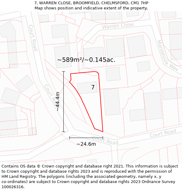 7, WARREN CLOSE, BROOMFIELD, CHELMSFORD, CM1 7HP: Plot and title map