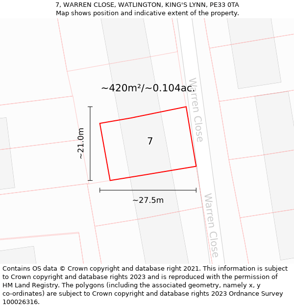 7, WARREN CLOSE, WATLINGTON, KING'S LYNN, PE33 0TA: Plot and title map