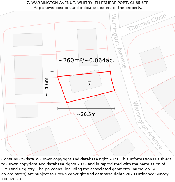 7, WARRINGTON AVENUE, WHITBY, ELLESMERE PORT, CH65 6TR: Plot and title map