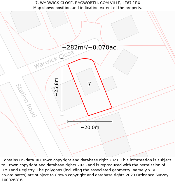 7, WARWICK CLOSE, BAGWORTH, COALVILLE, LE67 1BX: Plot and title map