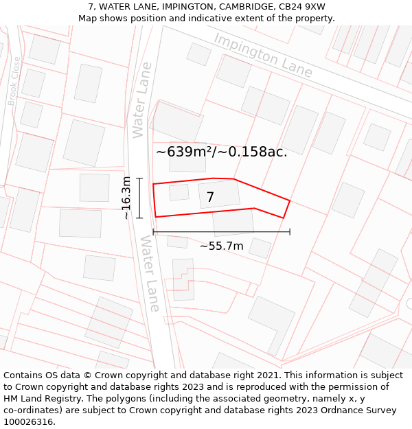 7, WATER LANE, IMPINGTON, CAMBRIDGE, CB24 9XW: Plot and title map