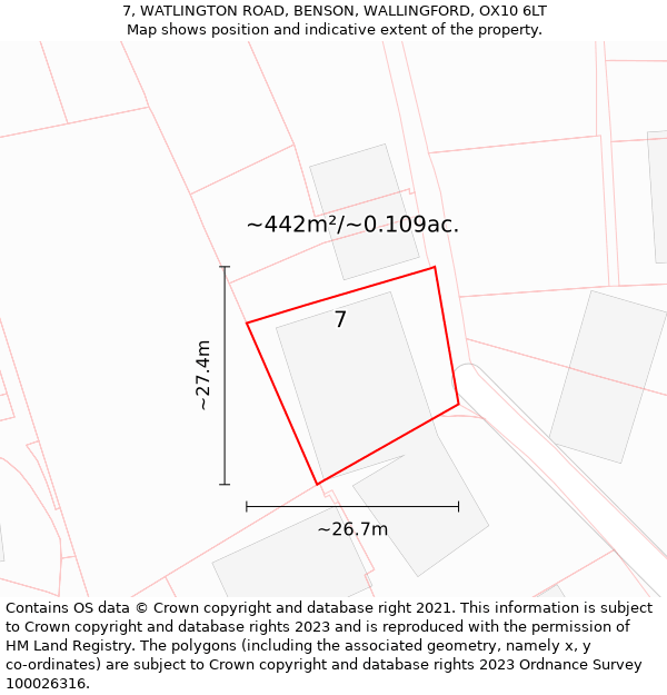 7, WATLINGTON ROAD, BENSON, WALLINGFORD, OX10 6LT: Plot and title map