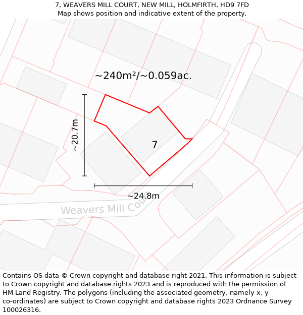 7, WEAVERS MILL COURT, NEW MILL, HOLMFIRTH, HD9 7FD: Plot and title map