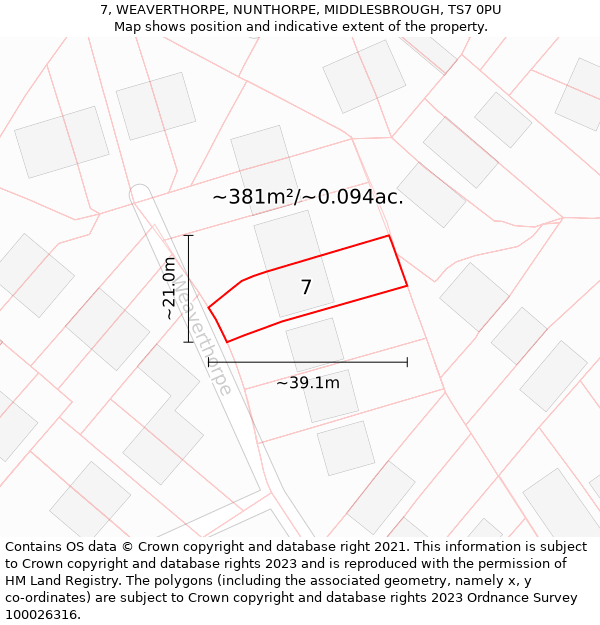 7, WEAVERTHORPE, NUNTHORPE, MIDDLESBROUGH, TS7 0PU: Plot and title map