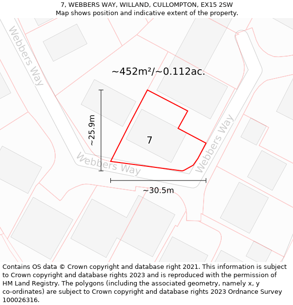 7, WEBBERS WAY, WILLAND, CULLOMPTON, EX15 2SW: Plot and title map