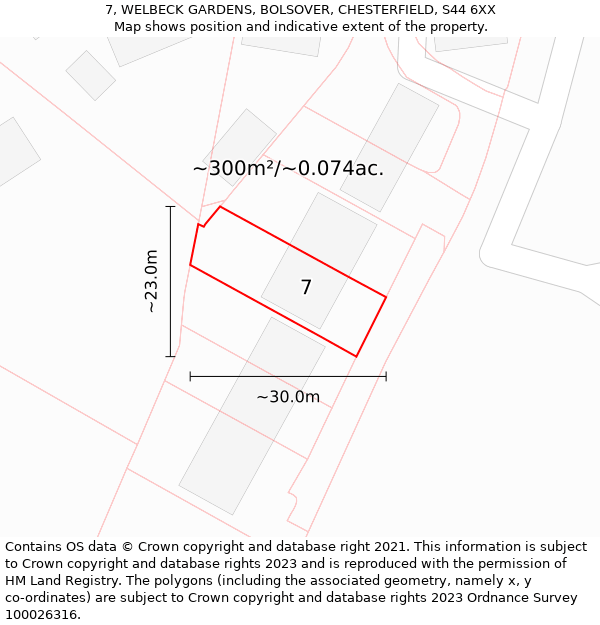 7, WELBECK GARDENS, BOLSOVER, CHESTERFIELD, S44 6XX: Plot and title map