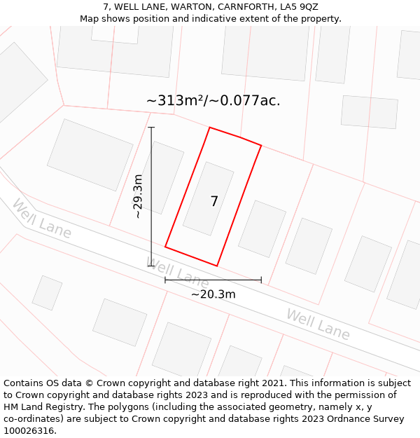 7, WELL LANE, WARTON, CARNFORTH, LA5 9QZ: Plot and title map