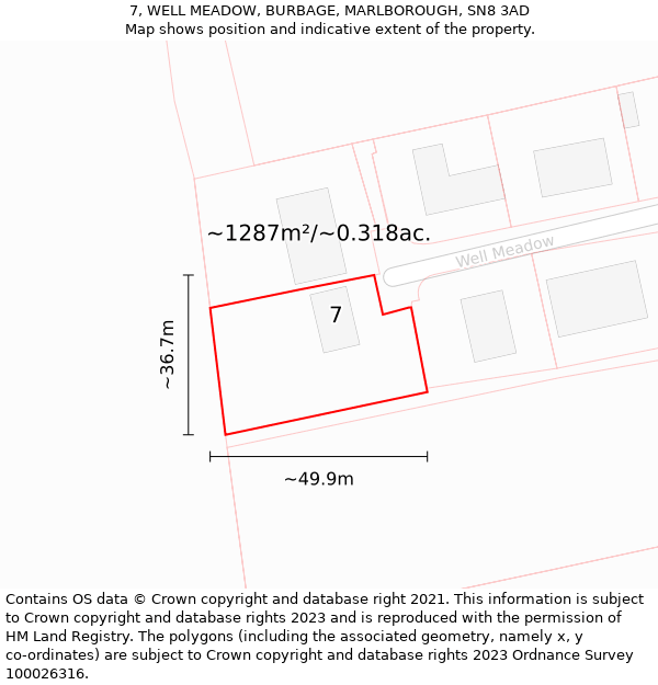 7, WELL MEADOW, BURBAGE, MARLBOROUGH, SN8 3AD: Plot and title map