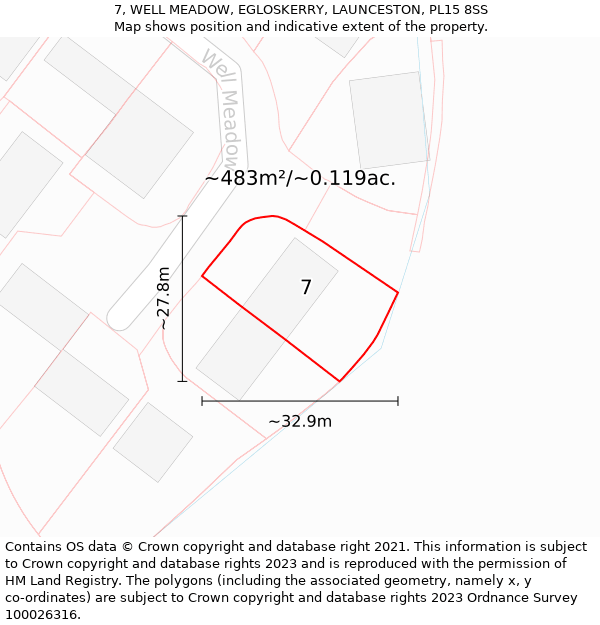 7, WELL MEADOW, EGLOSKERRY, LAUNCESTON, PL15 8SS: Plot and title map