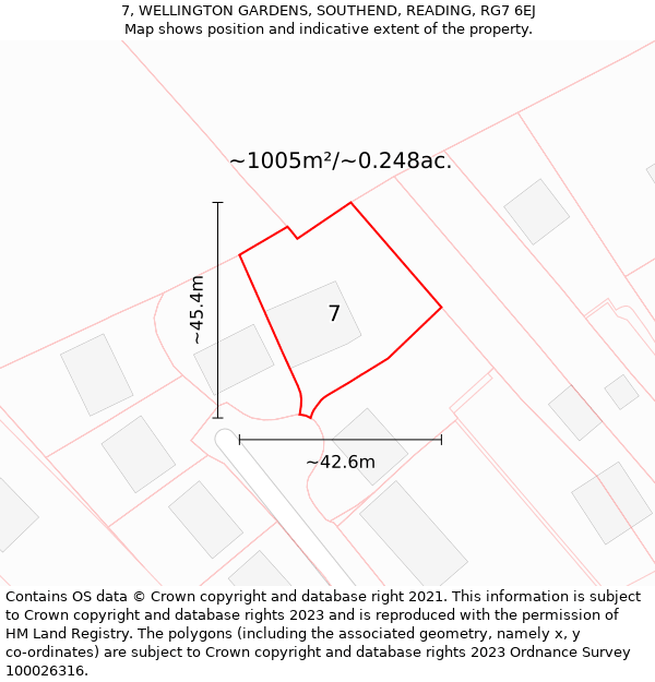 7, WELLINGTON GARDENS, SOUTHEND, READING, RG7 6EJ: Plot and title map