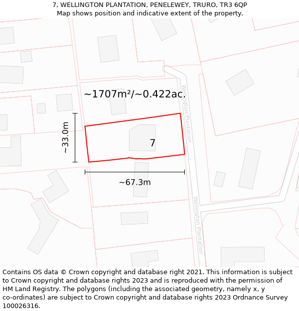 7, WELLINGTON PLANTATION, PENELEWEY, TRURO, TR3 6QP: Plot and title map