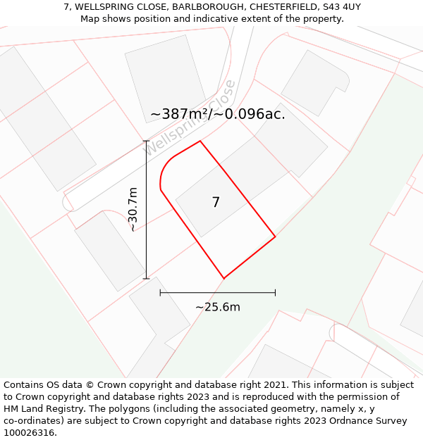 7, WELLSPRING CLOSE, BARLBOROUGH, CHESTERFIELD, S43 4UY: Plot and title map