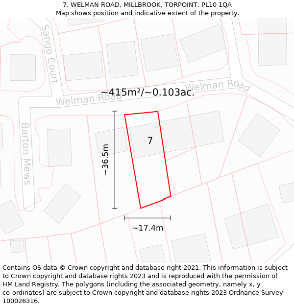 7, WELMAN ROAD, MILLBROOK, TORPOINT, PL10 1QA: Plot and title map