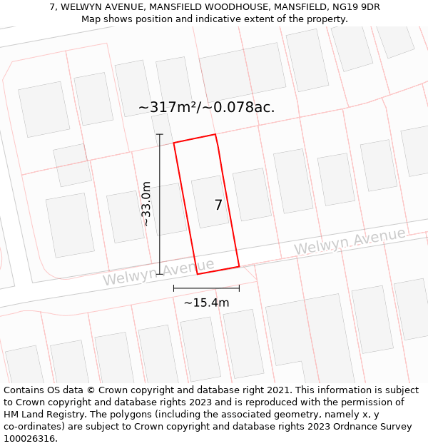 7, WELWYN AVENUE, MANSFIELD WOODHOUSE, MANSFIELD, NG19 9DR: Plot and title map