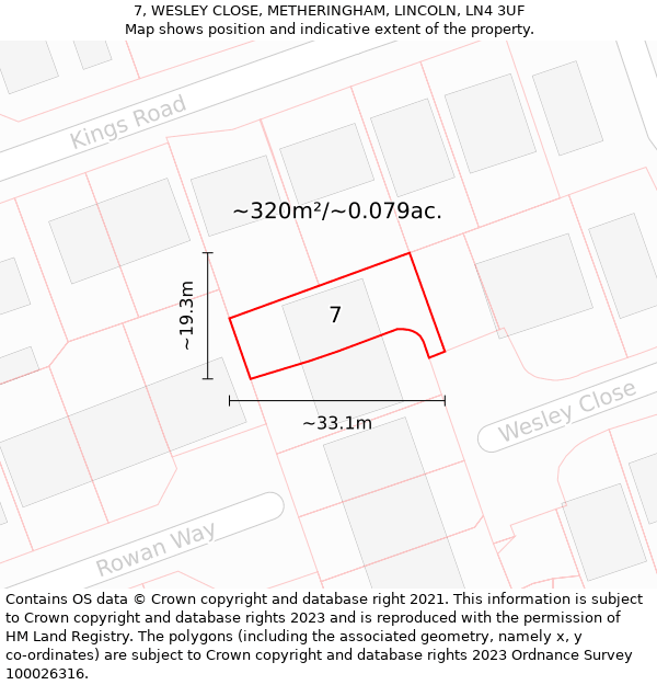 7, WESLEY CLOSE, METHERINGHAM, LINCOLN, LN4 3UF: Plot and title map
