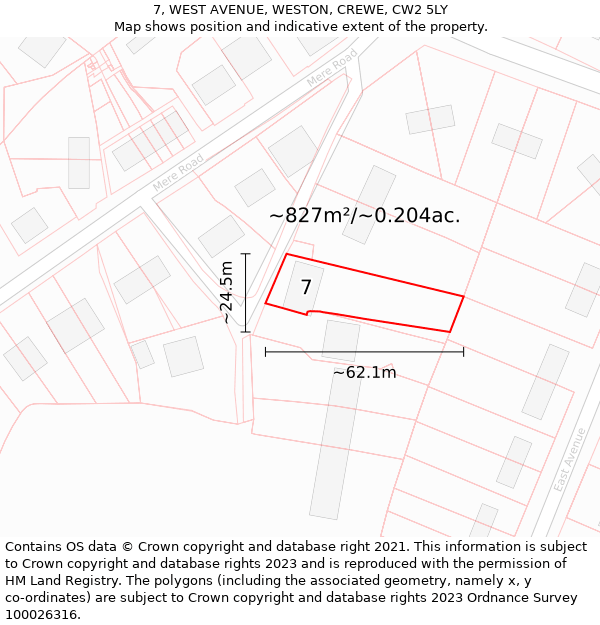 7, WEST AVENUE, WESTON, CREWE, CW2 5LY: Plot and title map