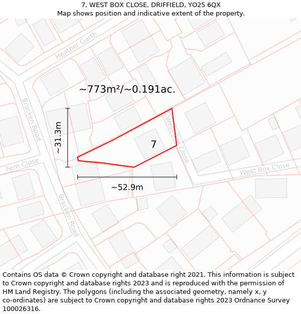 7, WEST BOX CLOSE, DRIFFIELD, YO25 6QX: Plot and title map