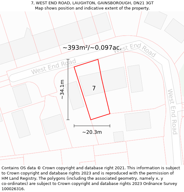 7, WEST END ROAD, LAUGHTON, GAINSBOROUGH, DN21 3GT: Plot and title map