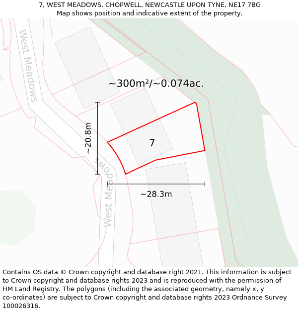 7, WEST MEADOWS, CHOPWELL, NEWCASTLE UPON TYNE, NE17 7BG: Plot and title map