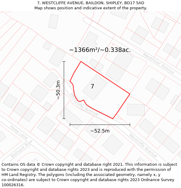 7, WESTCLIFFE AVENUE, BAILDON, SHIPLEY, BD17 5AD: Plot and title map