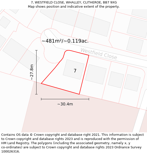 7, WESTFIELD CLOSE, WHALLEY, CLITHEROE, BB7 9XG: Plot and title map