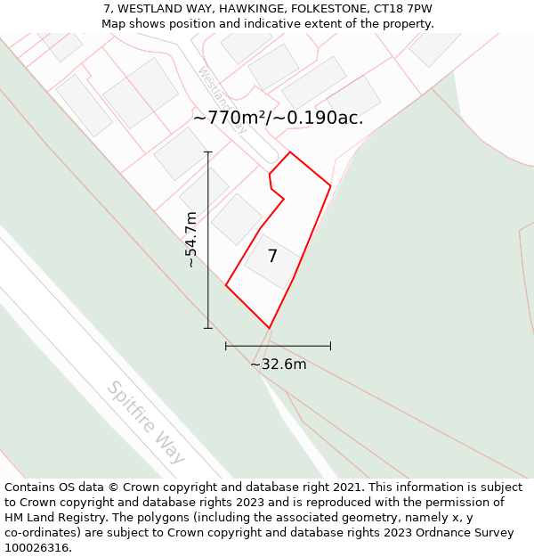 7, WESTLAND WAY, HAWKINGE, FOLKESTONE, CT18 7PW: Plot and title map