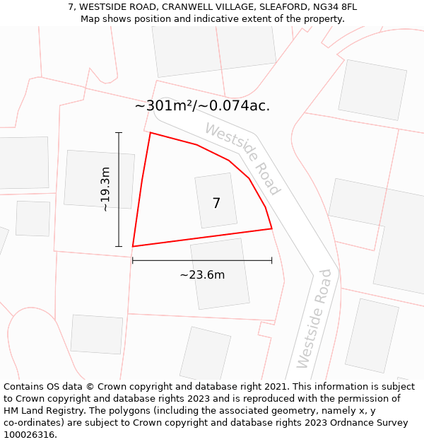 7, WESTSIDE ROAD, CRANWELL VILLAGE, SLEAFORD, NG34 8FL: Plot and title map