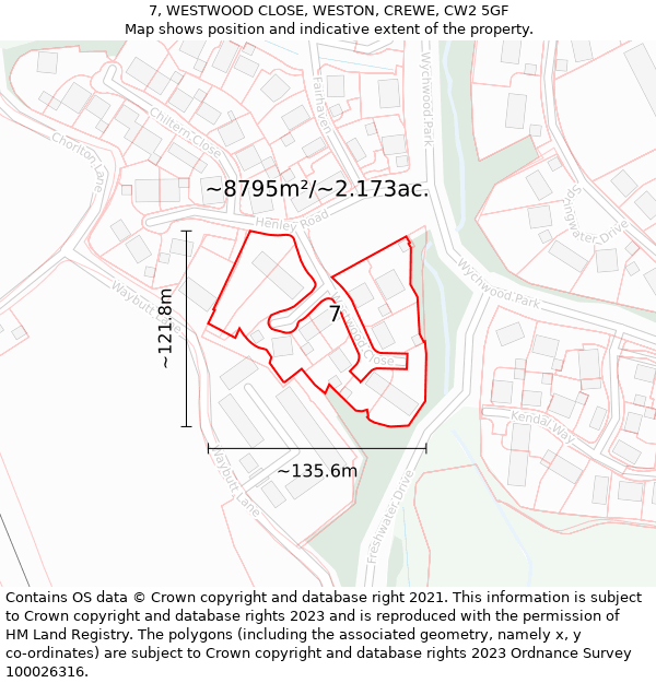 7, WESTWOOD CLOSE, WESTON, CREWE, CW2 5GF: Plot and title map