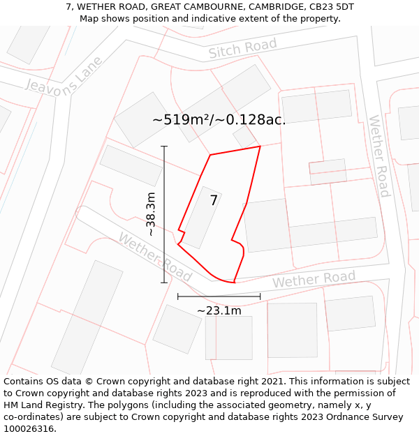 7, WETHER ROAD, GREAT CAMBOURNE, CAMBRIDGE, CB23 5DT: Plot and title map