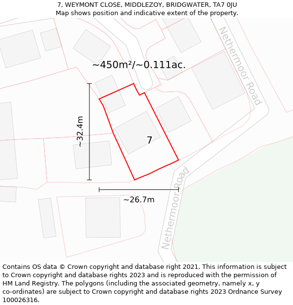 7, WEYMONT CLOSE, MIDDLEZOY, BRIDGWATER, TA7 0JU: Plot and title map